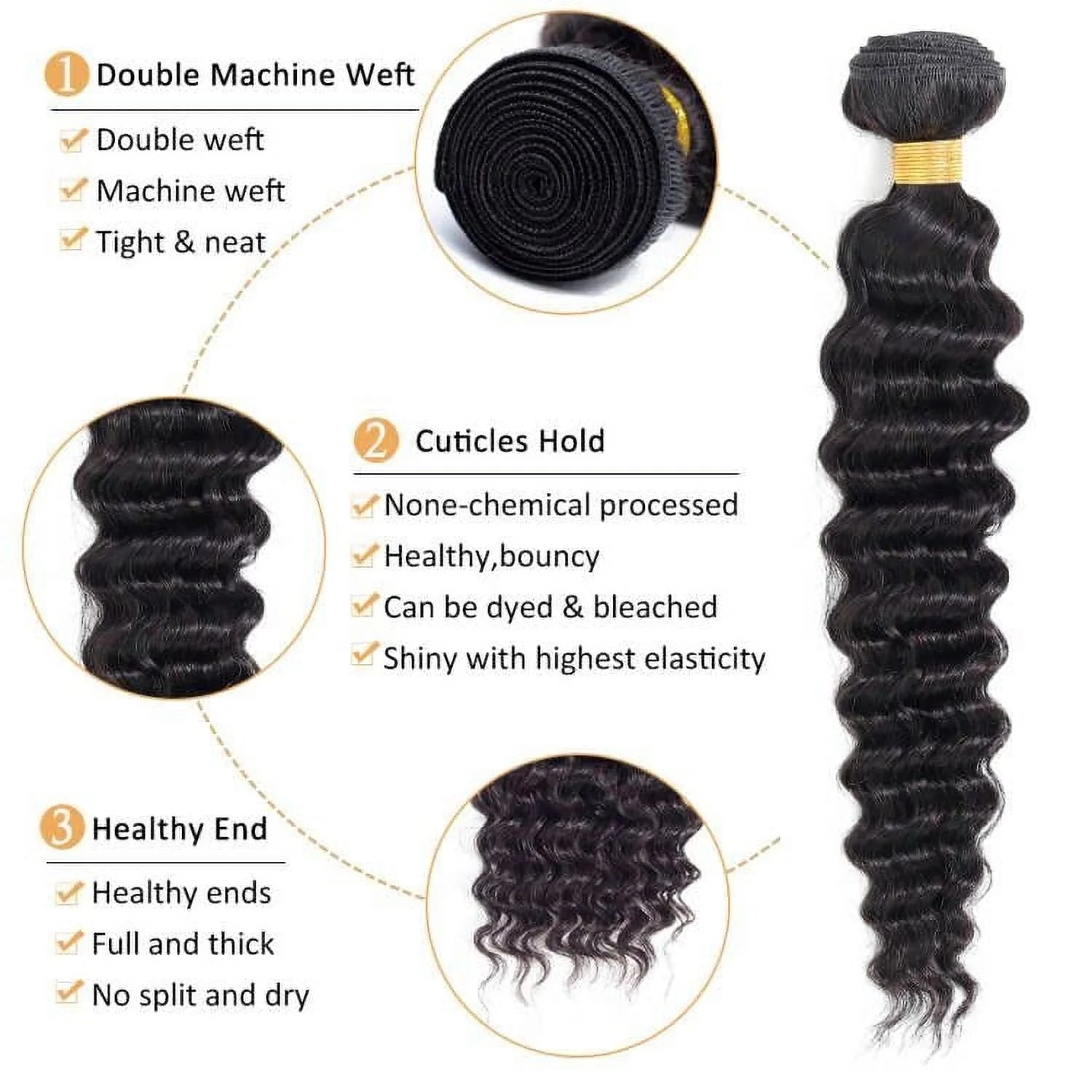 9A Deep Wave Wavy Extensions 100% Human Remy Unprocessed Virgin Hair Natural Black Color 1B - 16,18,18 INCH (3 Bundles)