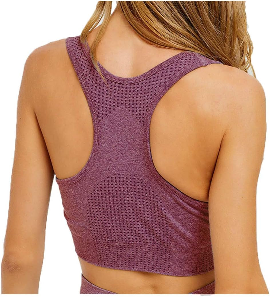 Women Seamless Yoga Workout Set 2Pcs Outfits Gym Leggings and Sports Bra (Wine, Large)