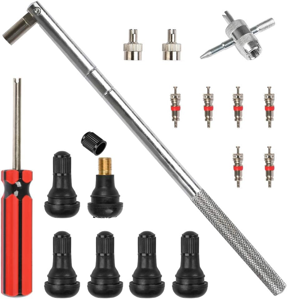 17PCS Tire Valve Stem Tool Puller and Installer Kit, 6 Pcs TR412 Tubeless Tire Valve Stems with Valve Stem Cores, Single Head Tire Valve Core Remover Tire Repair Install Tool