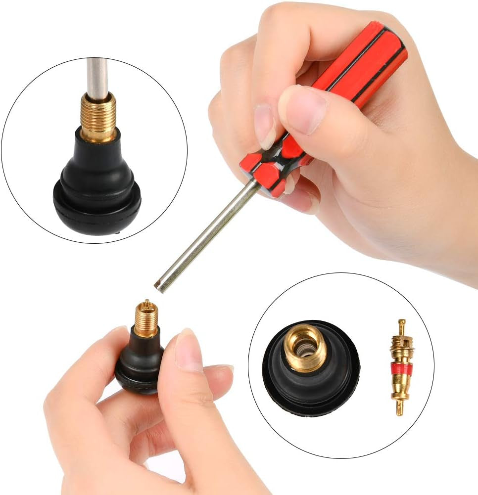 17PCS Tire Valve Stem Tool Puller and Installer Kit, 6 Pcs TR412 Tubeless Tire Valve Stems with Valve Stem Cores, Single Head Tire Valve Core Remover Tire Repair Install Tool