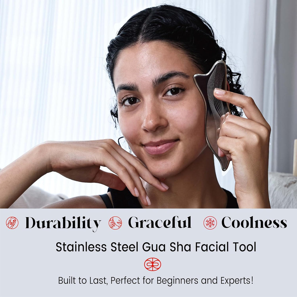 Stainless Steel Gua Sha Facial Tools - Acupressure & Gua Sha for Face Massage, Jawline Sculpting, Puffiness Reduction. Includes Carry Pouch and Cleaning Cloth - Skin Care Gift, Silver