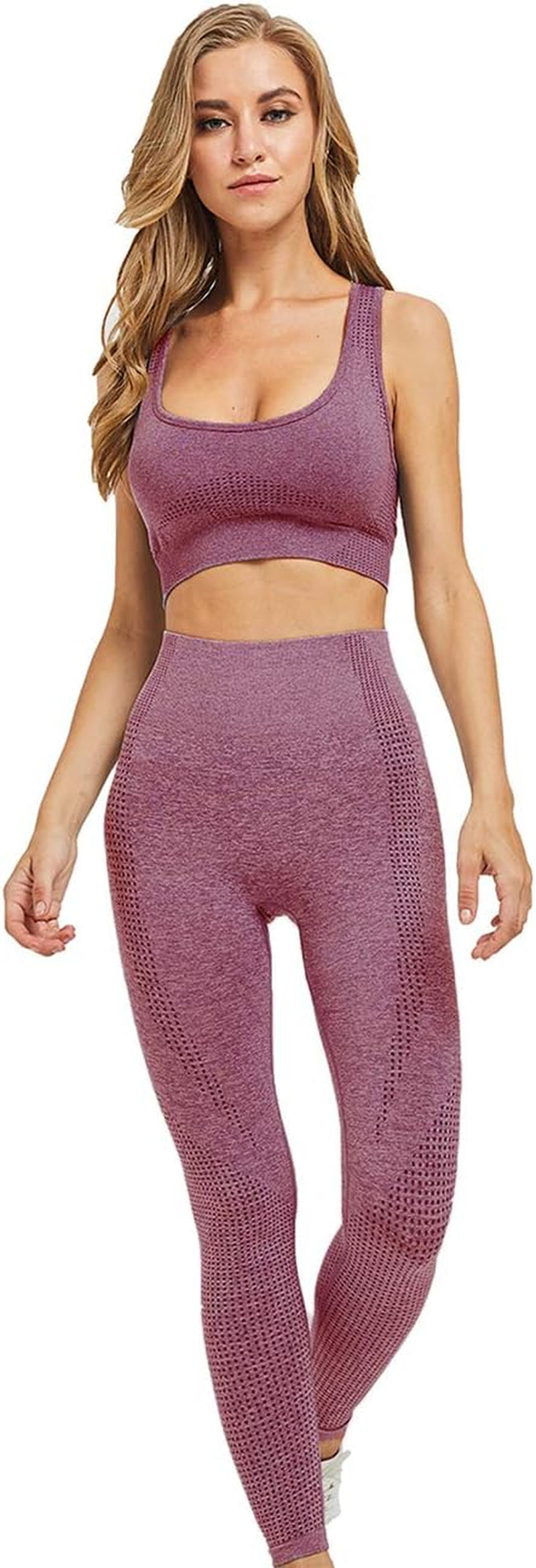 Women Seamless Yoga Workout Set 2Pcs Outfits Gym Leggings and Sports Bra (Wine, Large)