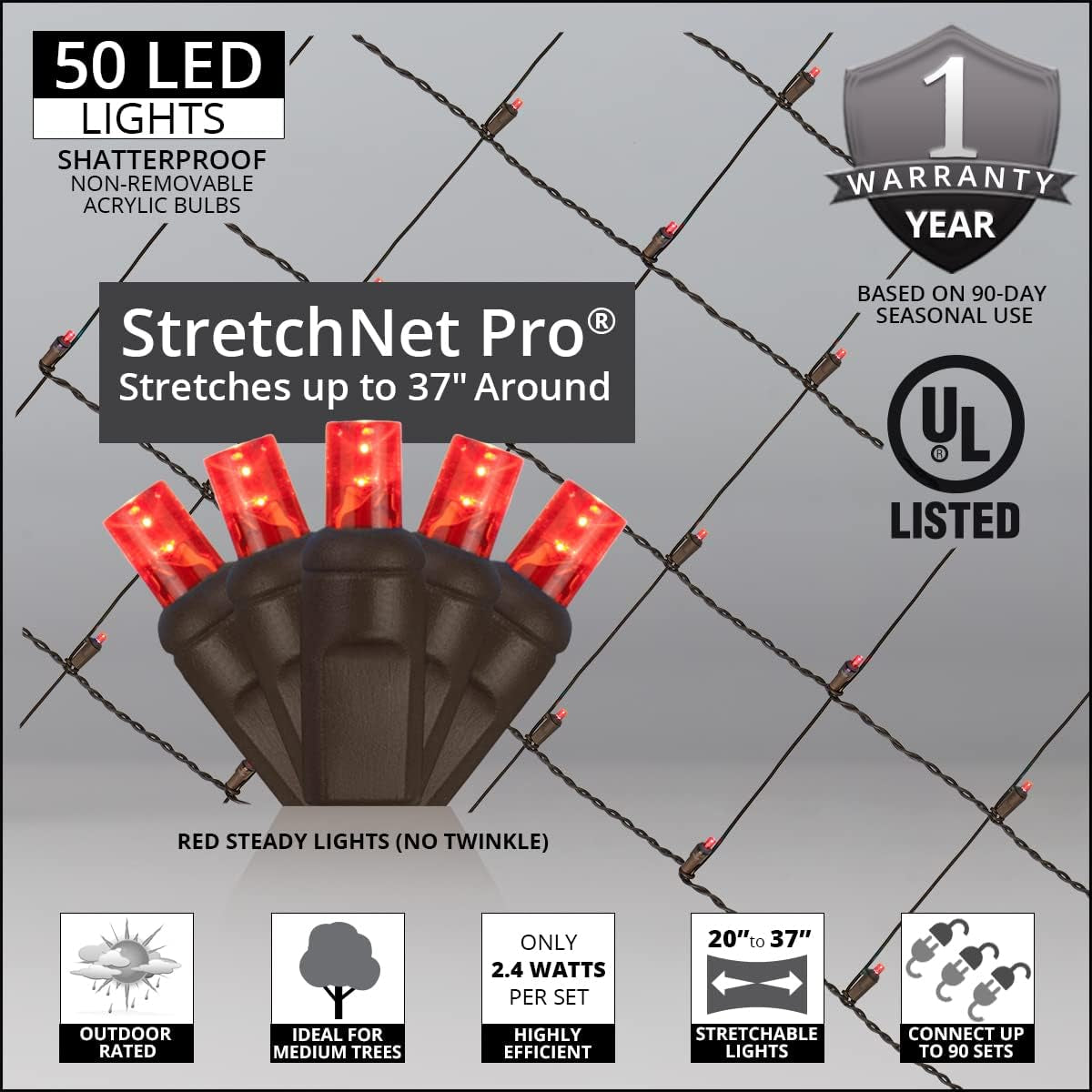 Stretchnet Pro 50 Red Expandable Christmas Net Lights for Medium Trees - LED Wrap Lights, 20" X 45" Stretchable Net, Brown Wire - Outdoor
