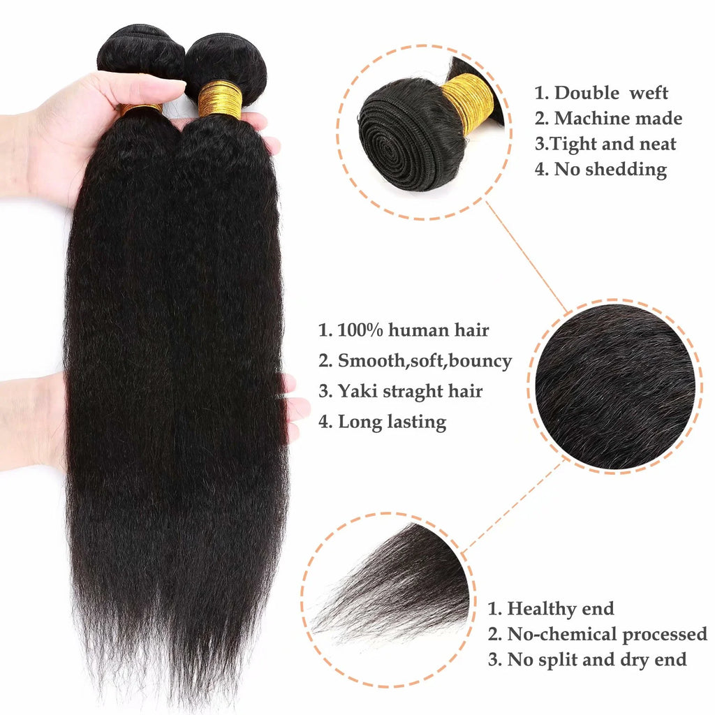 Yaki Straight Brazilian Virgin Human Hair Weave Weft Human Hair Extensions Hair Bundles 10"-24" Black 2 Bundles Soft US
