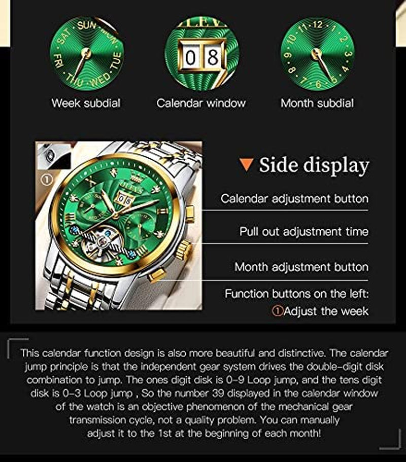 Men'S Green Automatic Watches Tourbillon Mechanical Luxury Dress Multi Calendar Stainless Steel Waterproof Luminous Wrist Watches, (BAO-O-G9910GJ-LV)