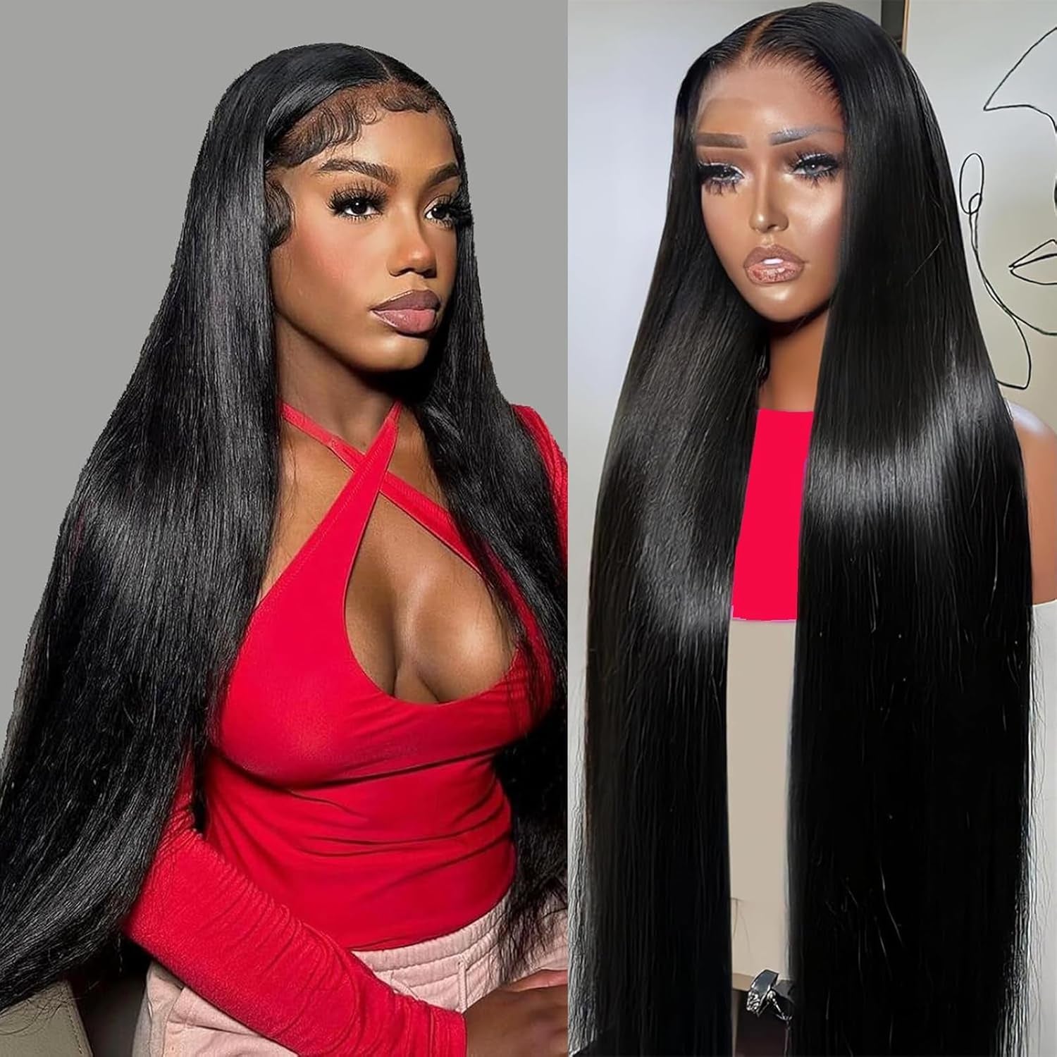 28 Inch 13X4 Lace Front Wigs Human Hair Straight HD Transparent Wigs for Women 180 Density Straight Lace Frontal Human Hair Wigs Pre Plcked with Baby Hair Natural Black