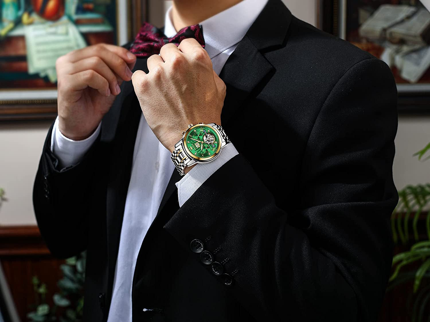Men'S Green Automatic Watches Tourbillon Mechanical Luxury Dress Multi Calendar Stainless Steel Waterproof Luminous Wrist Watches, (BAO-O-G9910GJ-LV)