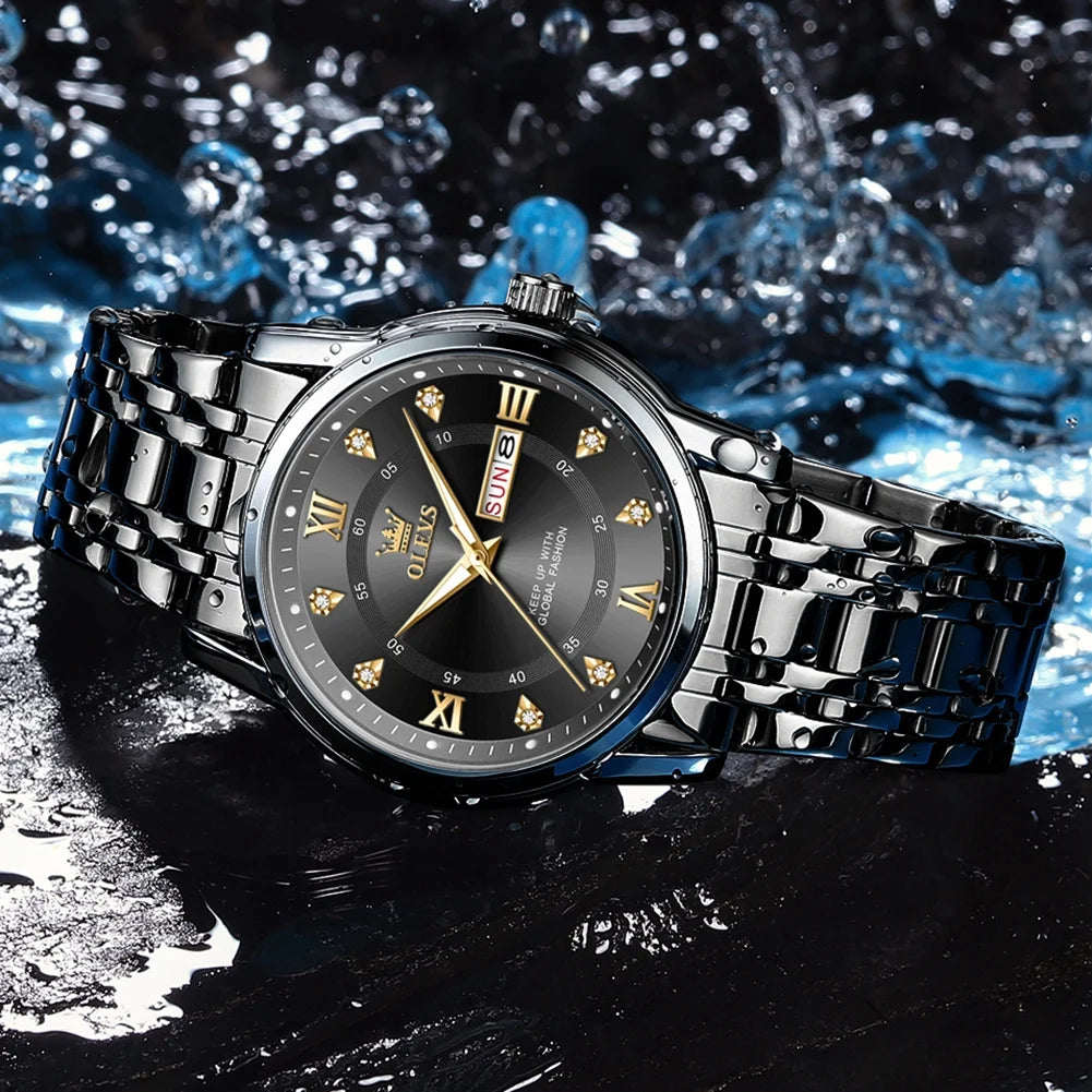 Watches for Men Classic Business Dress Analog Quartz Stainless Steel Waterproof Luminous Date Diamond Mens Wrist Watches Relojes De Hombre,Gold/Blue/Black Dial