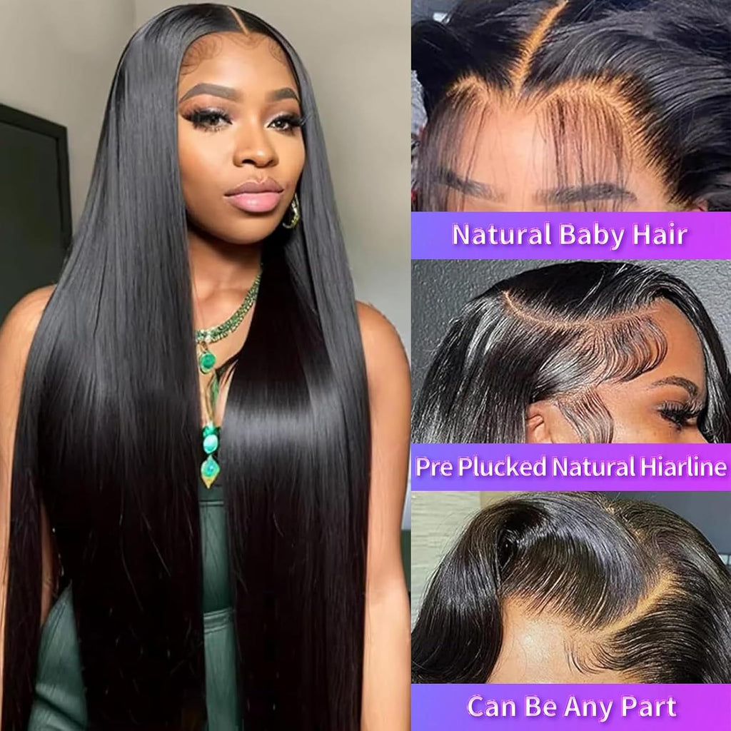 28 Inch 13X4 Lace Front Wigs Human Hair Straight HD Transparent Wigs for Women 180 Density Straight Lace Frontal Human Hair Wigs Pre Plcked with Baby Hair Natural Black