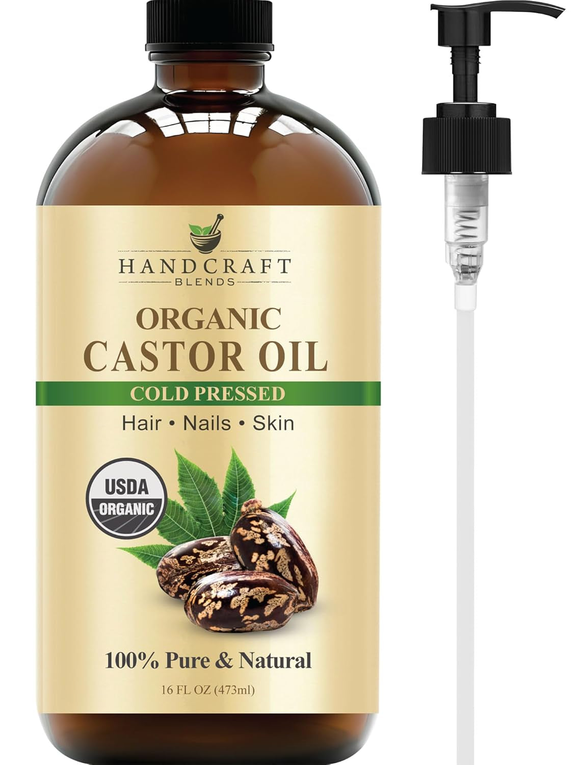 Cold-Pressed Organic Castor Oil in Glass Bottle - 16 Fl Oz - 100% Pure and Natural - Premium Grade Carrier Oil for Hair Growth, Eyelashes and Eyebrows - Hair and Body