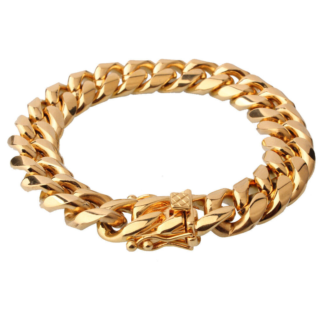 10 Mm24Inmen Cuban Miami Link Bracelet Chain Set 14K Gold Plated Stainless Steel
