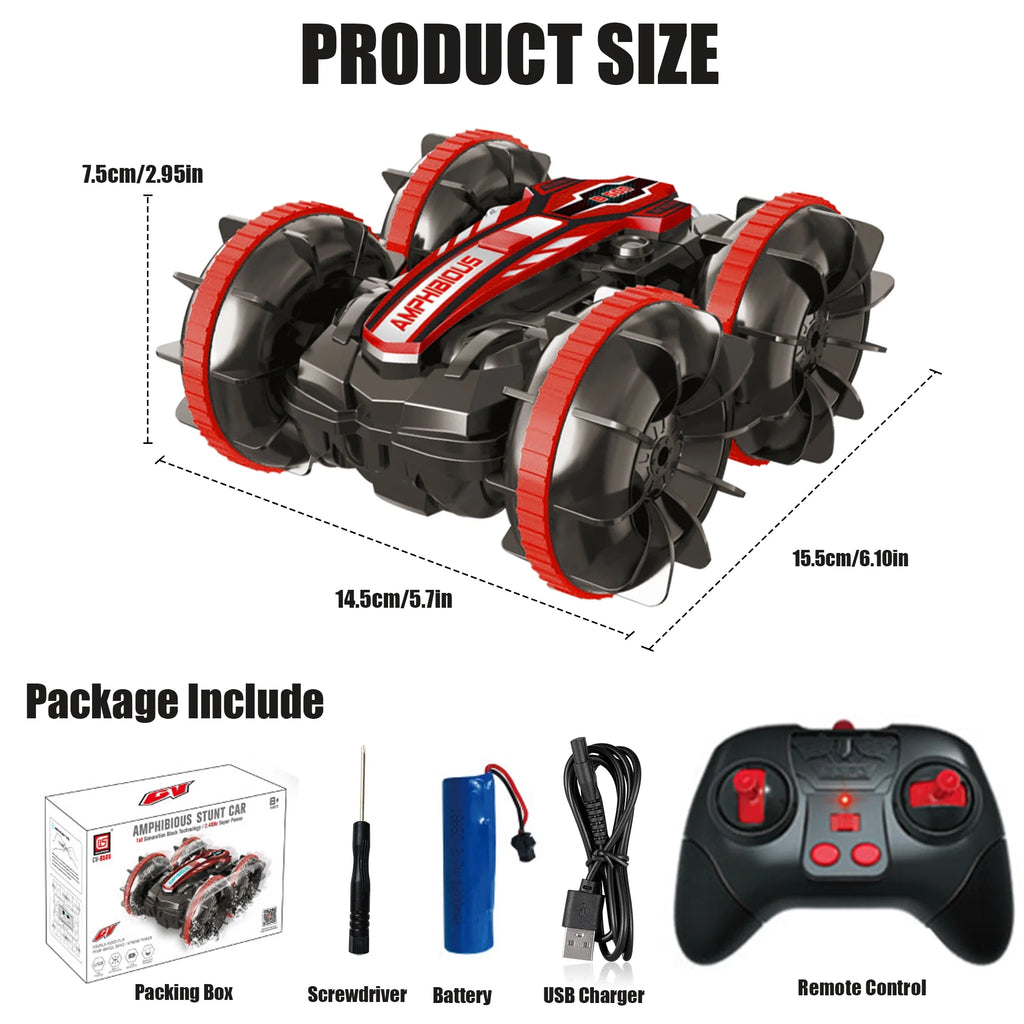 Remote Control Cars, 2.4Ghz Waterproof RC Stunt Car Toys, 4WD Land Water 2 in 1 RC Boat, Christmas Birthday Gifts for 8+ Year Old Boys Kids