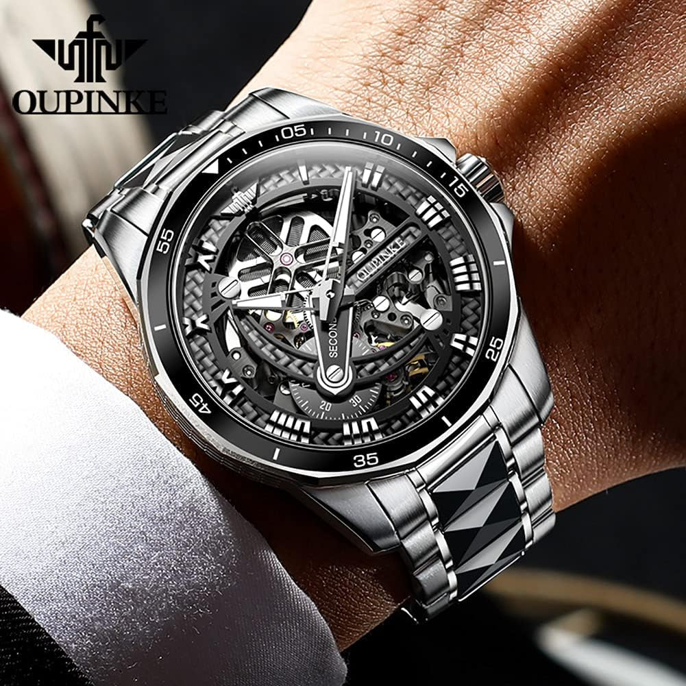 Mens Watches Skeleton Mechanical Black Watches for Men Automatic Luxury Tungsten Steel Sapphire Crystal Waterproof Luminous
