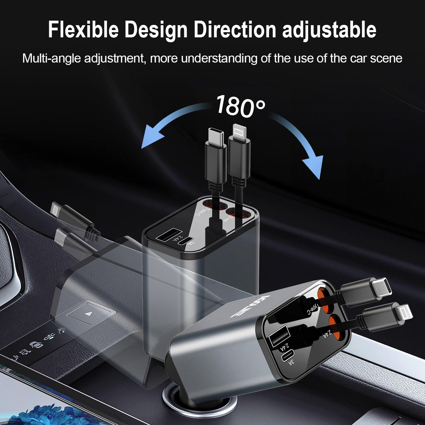 4 in 1 Retractable Car Charger,Smaller Super Fast Charger with Retractable Cords, Car Charger Fast Charging,Usb C Charger Adpater Compatible with Iphone 16 15 14 13 Pro Max,Galaxy,Pixel