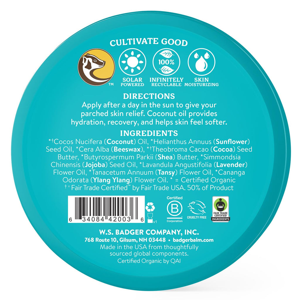 Coconut Aftersun Balm, 100% Organic Soothing Sunburn Relief, Great Smelling, Moisturizing & Hydrating after Sun Skin Care, 2 Oz Tin