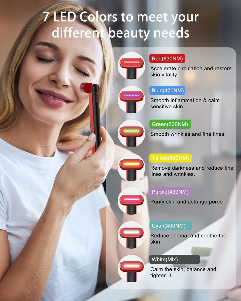 Red Light Therapy for Face Neck: 7-In-1 LED Light Therapy Wand Face Eye Beauty Tool with LED Light Therapy, Thermal, Vibration, Facial Skin Care Massage Tools