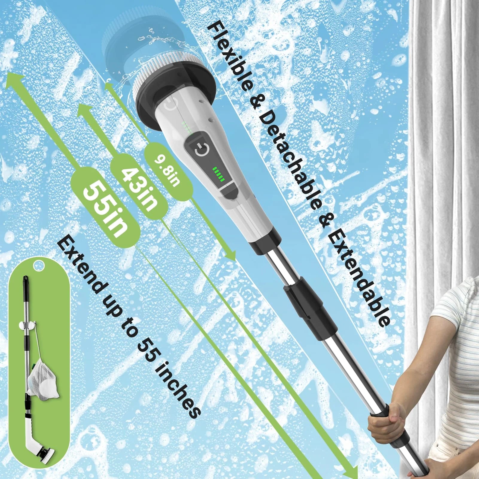 Electric Spin Scrubber, Cordless Cleaning Brush with 8 Replaceable Brush Heads, Power Shower Scrubber with Long Handle for Floor, Tile, Bathroom, Tub
