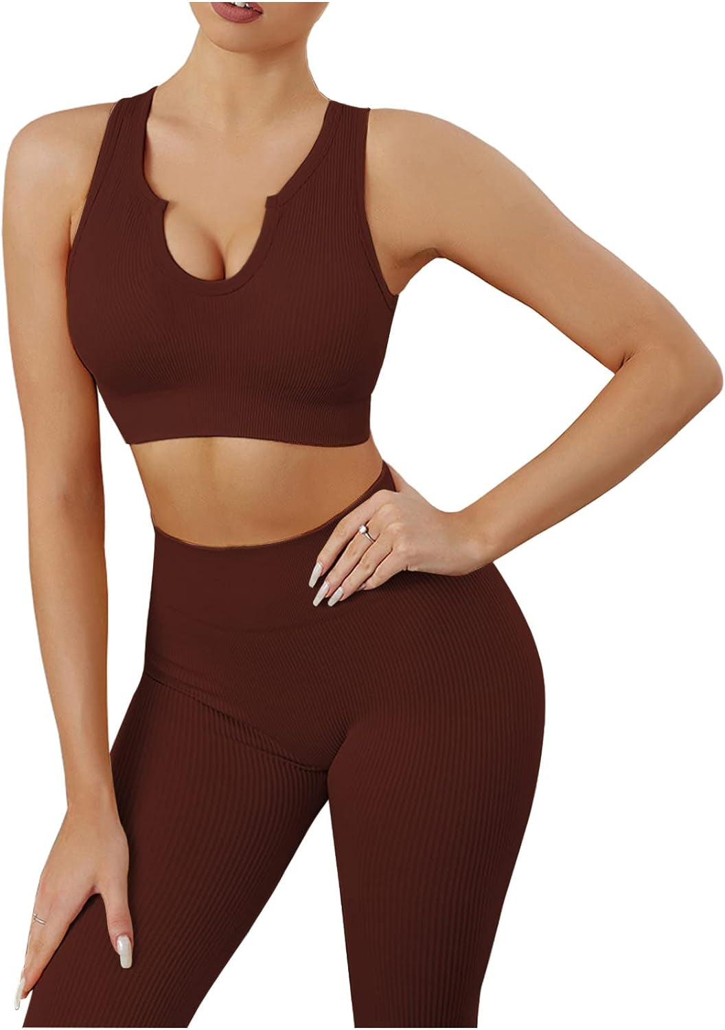 Workout Sets for Women 2 Piece Ribbed Seamless Yoga Outfits Set High Waist Leggings Sports Bra Gym Set (Coffee S)