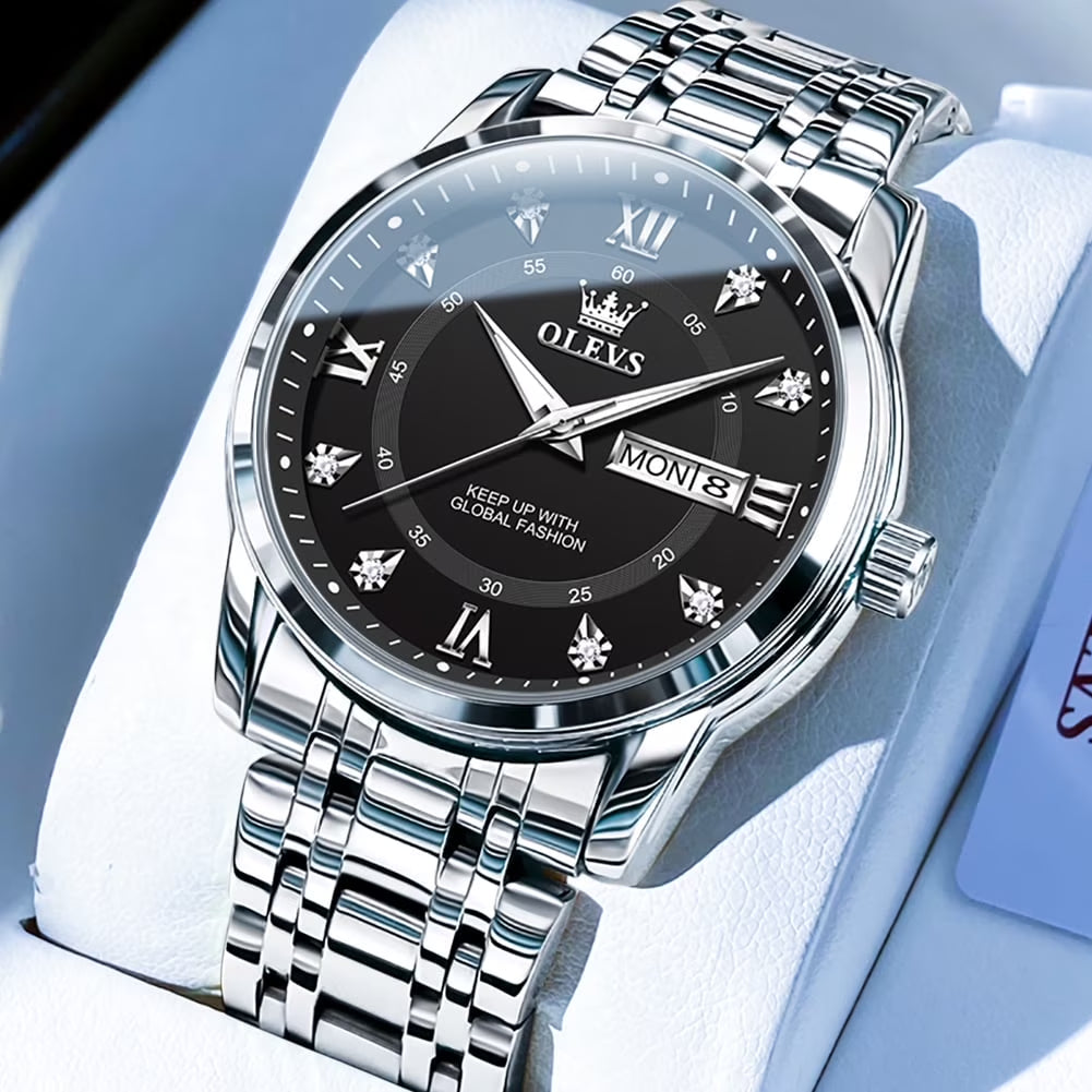 Watches for Men Diamond Business Dress Luxury Casual Analog Quartz Stainless Steel Waterproof Luminous Date Men Wrist Watches Reloj Para Hombre Black Dial