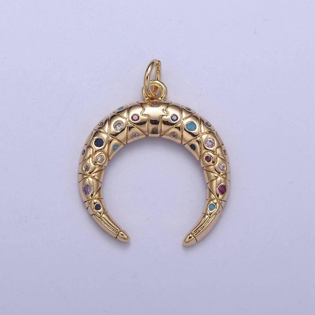 Crescent Moon Charm 16K Gold Filled Double Horn Pendant Necklace, Celestial Jewelry, Half Moon Tusk Upside down Tusk with Cz Stone N-356