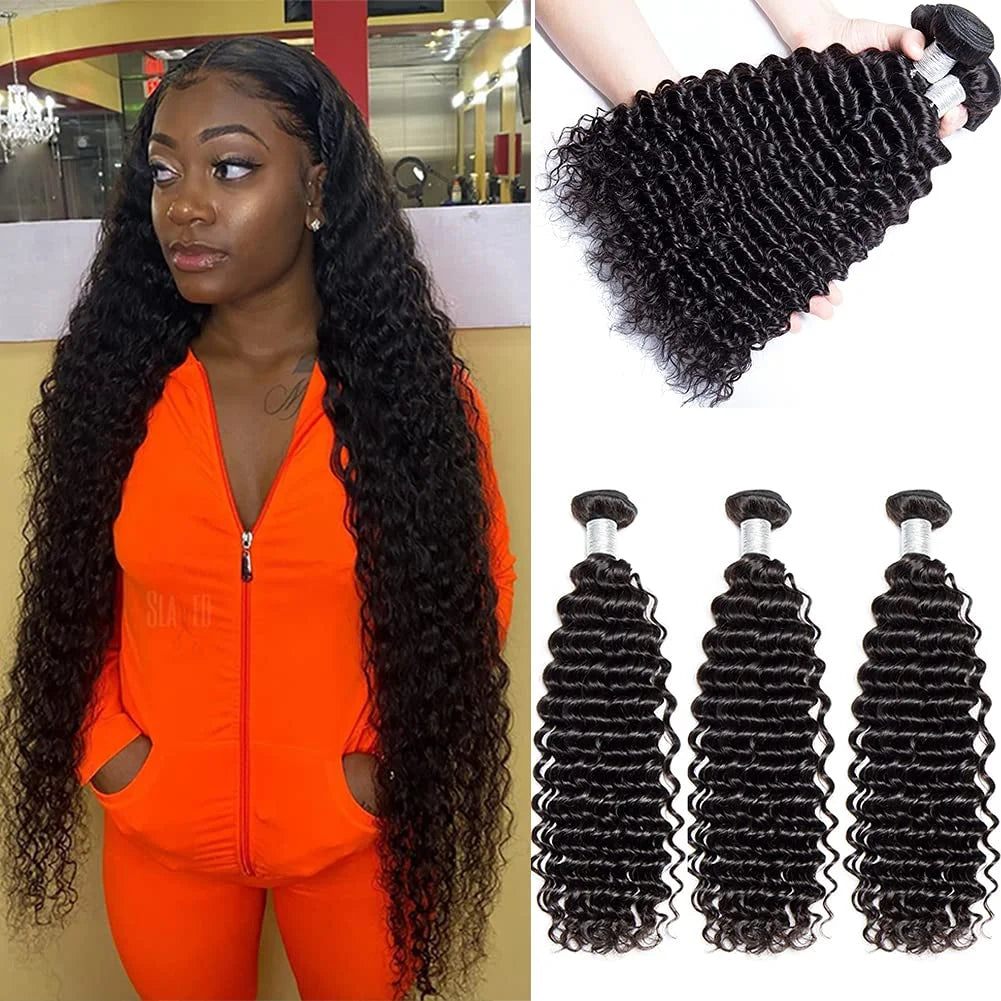 9A Deep Wave Wavy Extensions 100% Human Remy Unprocessed Virgin Hair Natural Black Color 1B - 16,18,18 INCH (3 Bundles)