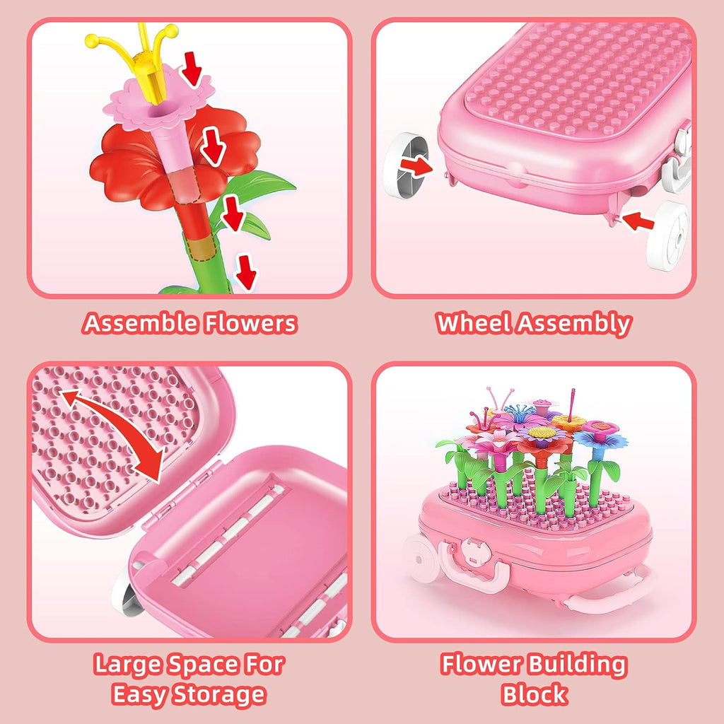 Toys for Girls, Flower Garden Building Toys with Trolley Case Toys for Age 3-6 Years Old Girls