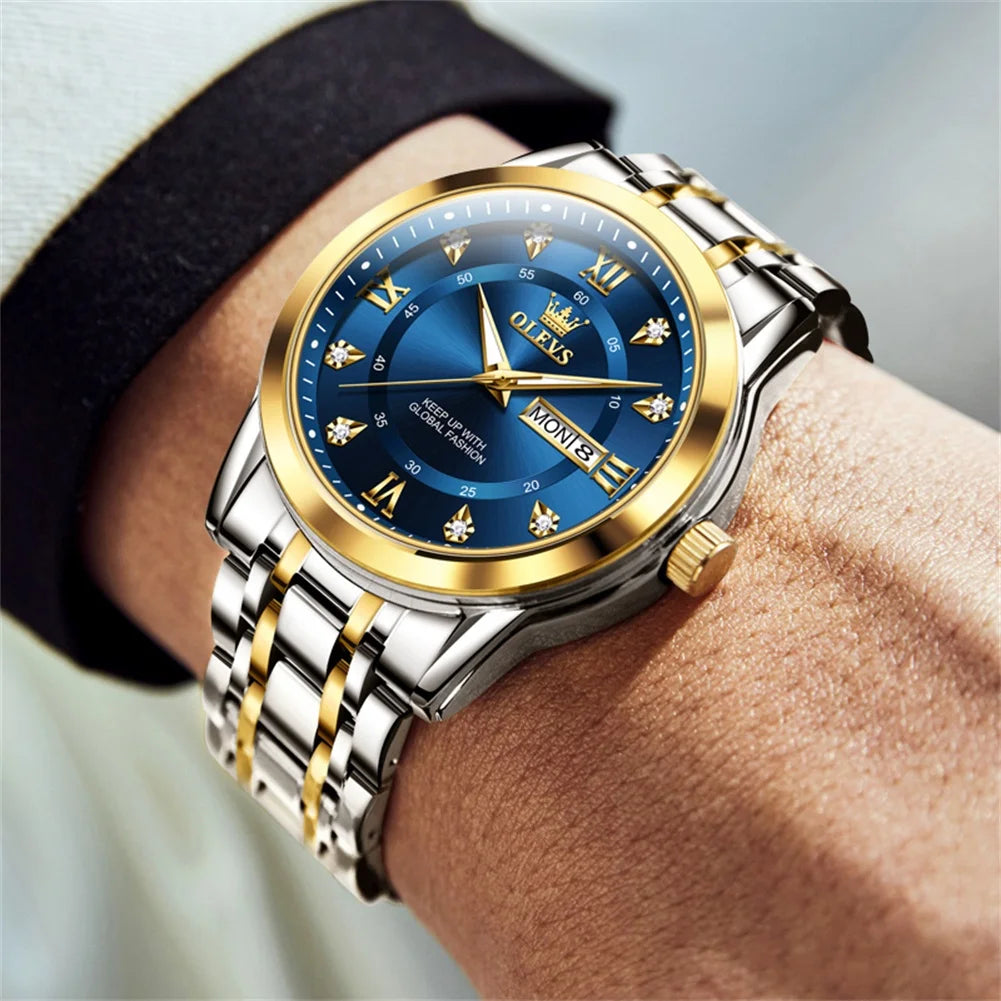 Watches for Men Classic Business Dress Analog Quartz Stainless Steel Waterproof Luminous Date Diamond Mens Wrist Watches Relojes De Hombre,Gold/Blue/Black Dial