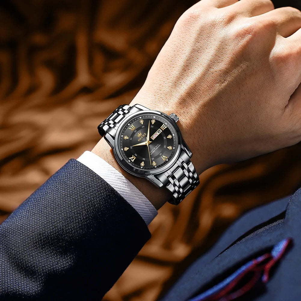 Watches for Men Classic Business Dress Analog Quartz Stainless Steel Waterproof Luminous Date Diamond Mens Wrist Watches Relojes De Hombre,Gold/Blue/Black Dial